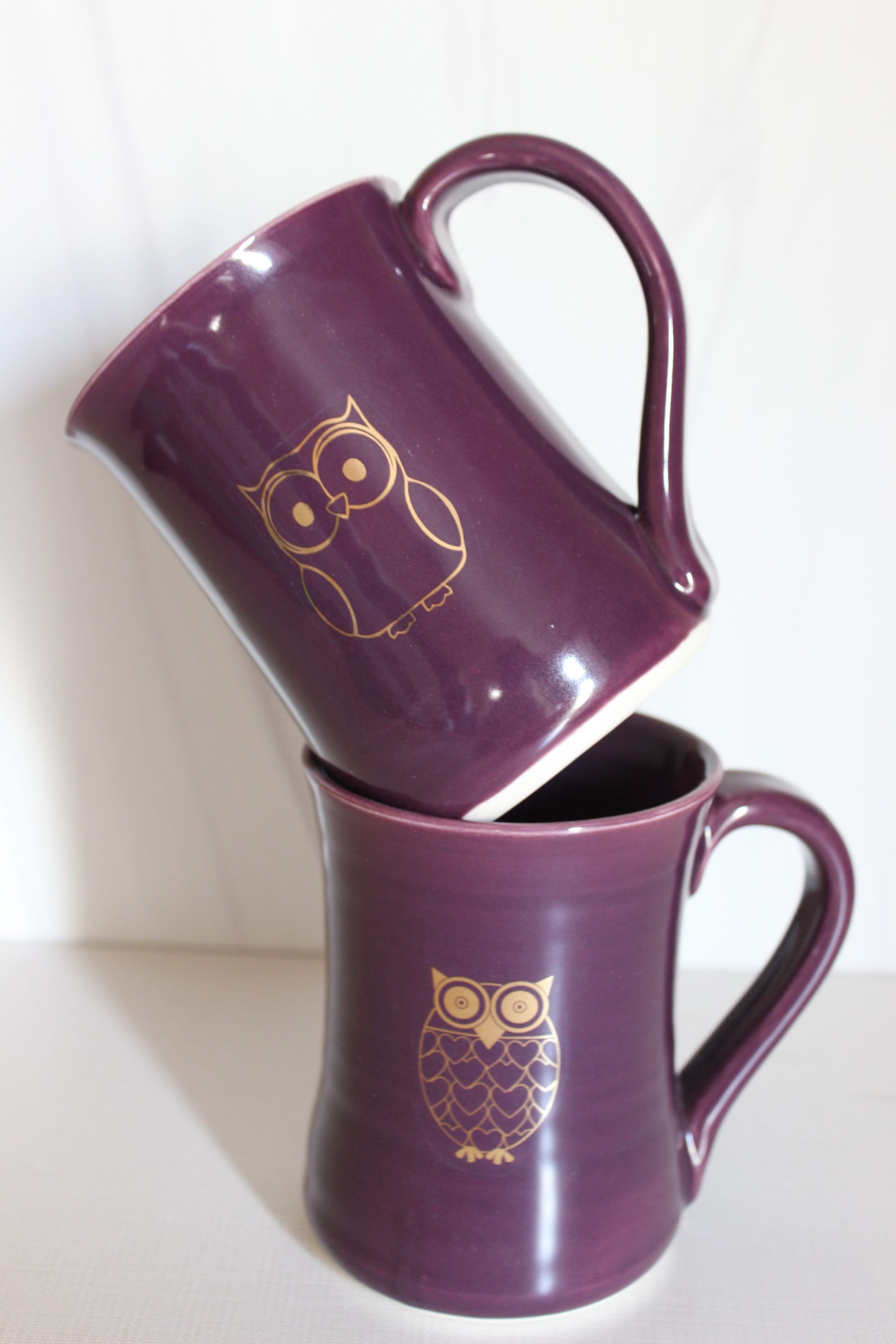 Handmade Purple Owl Mug, 22k Gold Ceramic Pottery