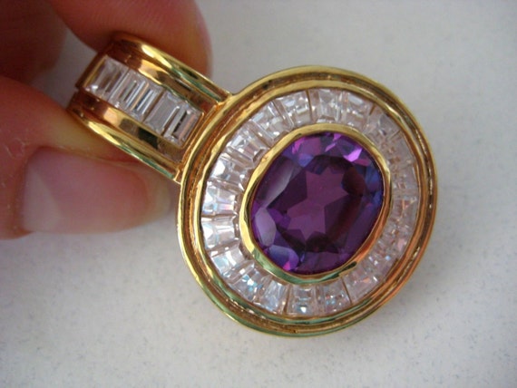 Gold tone 925 sterling silver purple and clear Cr… - image 1