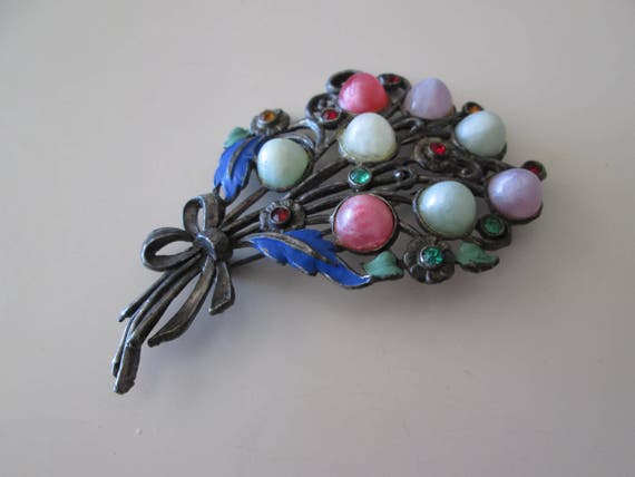 flower Bouquet Vintage Pin with Multicolor stones - image 1