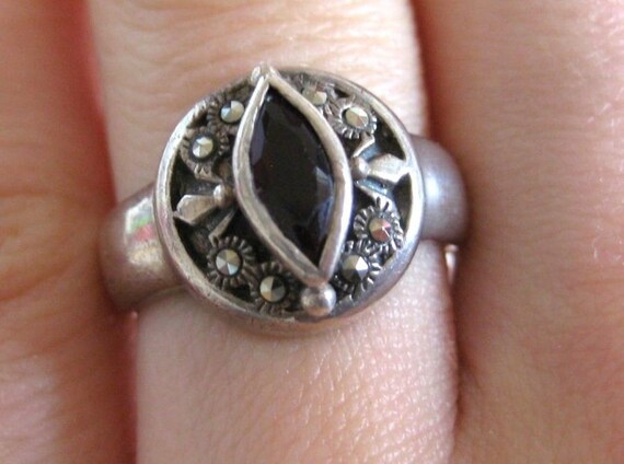 Sterling 925 vintage ring with Ruby and Marcasite… - image 1