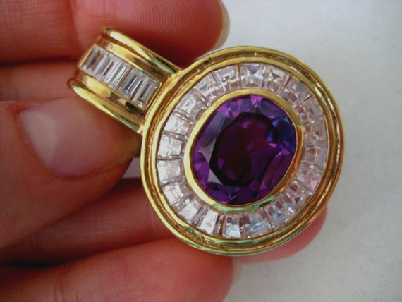 Gold tone 925 sterling silver purple and clear Cr… - image 3