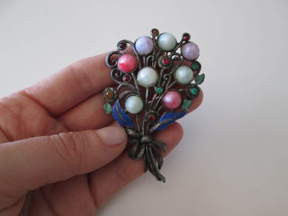 flower Bouquet Vintage Pin with Multicolor stones - image 2