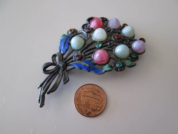 flower Bouquet Vintage Pin with Multicolor stones - image 3