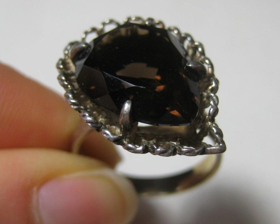 Leaf Vintage Sterling Silver Clear Brown Smoky Quartz Ring