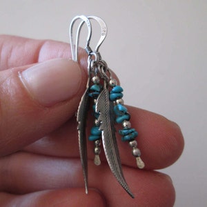 Turquoise Sterling silver vintage handcrafted Dangle Feather earrings