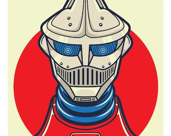 Puede incluir: Una ilustración de robot de estilo retro con un esquema de color rojo, blanco y azul. El robot tiene un casco grande de plata con ojos azules y un cuerpo rojo con un panel de pecho amarillo y negro.