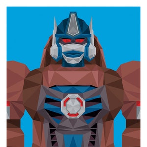 以下が含まれることがあります： 明るい青色の背景に、茶色、青、赤、グレーの色合いで描かれたロボットキャラクターの幾何学的なイラスト。ロボットは、角張った形状、ヘルメット、赤い目を持つ詳細なデザインです。このアートワークは、人気のあるキャラクターの様式化された表現です。