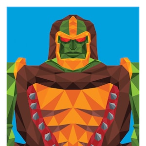 以下が含まれることがあります： スパイクのついた胸当てとヘルメットをつけた、緑とオレンジの幾何学的な戦士のイラストです。