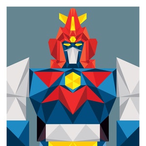以下が含まれることがあります： 黄色い胸板と白い下半身を持つ青と赤のロボット。ロボットは幾何学的なデザインと三角形の頭部をしています。