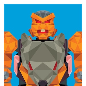 以下が含まれることがあります： オレンジとグレーのカラーリングで描かれた幾何学的なロボットのイラスト。ロボットは、赤い目をした大きなグレーの頭と、小さなオレンジ色の口をしています。ロボットの体は、多くの三角形と四角形で構成されています。