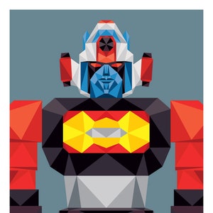 May include: A geometric illustration of a red, black, white, blue, and yellow robot. The robot has a large head with a black visor and a red, white, and blue helmet. The robot has large arms and legs.