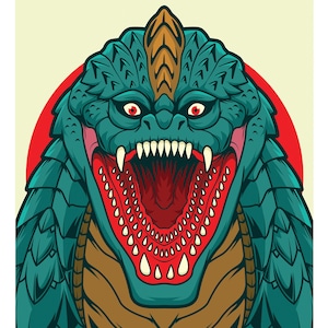 May include: A green and brown monster with a large mouth and sharp teeth. The monster has a red background behind it.