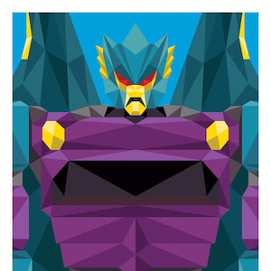 以下が含まれることがあります： 黄色と黒の顔をした青と紫のロボット。ロボットは幾何学的なデザインです。