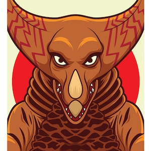 May include: Illustration of a brown monster with large horns and a menacing expression. The creature has a detailed, textured design, set against a red circle and a cream background. The artwork is bold and graphic.