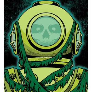 May include: A green and yellow illustration of a diver's helmet with a skull face inside. The helmet is covered in green vines.