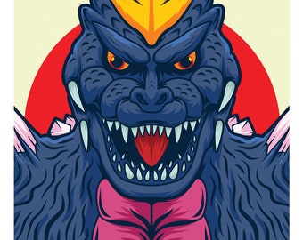 Puede incluir: Un monstruo Godzilla azul y rosa con una cresta amarilla puntiaguda, rugiendo con la boca abierta, sobre un fondo rojo y amarillo.