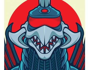 May include: A blue and red robot with a sharp, pointed head and a menacing grin. The robot has a red visor and a red circle on its forehead. The robot is set against a red and yellow background.