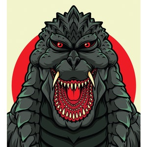 May include: A close-up illustration of a green and black monster with a large mouth and sharp teeth. The monster has red eyes and is roaring. The background is a red circle.