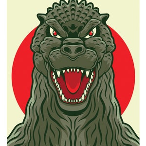 May include: A close-up illustration of a green Godzilla-like monster with a red mouth and sharp teeth, roaring against a red circle on a light yellow background.