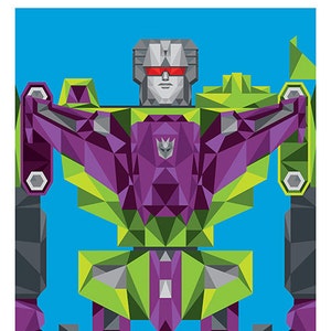 May include: A green and purple robot with a triangular geometric design. The robot has red eyes and a silver head. The robot is standing with its arms raised.