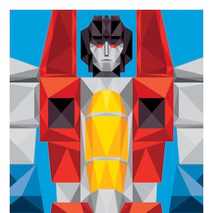 May include: A geometric illustration of a robot in red, gray, blue, and yellow. The robot has a humanoid form with a jet fighter design on its chest.