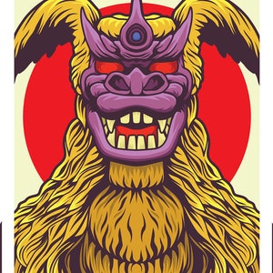 May include: A purple and yellow monster with a third eye and sharp teeth. The monster has long, flowing yellow hair and is set against a red circle.