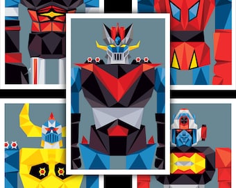 May include: Five colorful geometric robot illustrations. Each robot is a different color and has a unique design. The robots are all in a standing position and have a variety of features, including antennas, wings, and weapons.