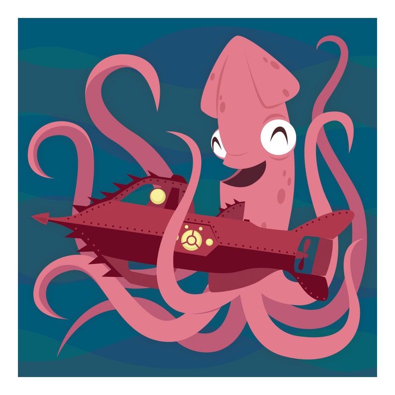 Giant Squid Vs the Nautilus 11x11 Print Etsy