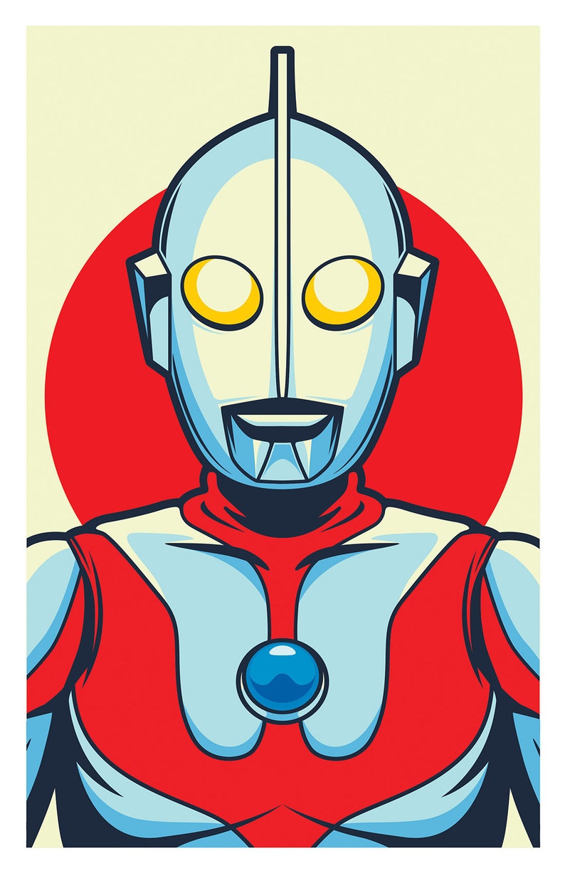 May include: A retro-style illustration of a superhero wearing a red and blue suit with a large, round, blue jewel on the chest. The superhero has a white helmet with a yellow visor and a red background.