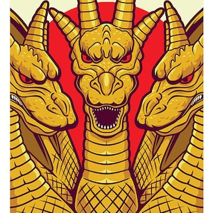 Peut inclure: Un dragon doré à trois têtes avec des yeux rouges sur un fond rouge. Le dragon a une expression féroce et des dents acérées.