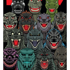May include: A vibrant illustration showcasing numerous Godzilla-style monsters with sharp teeth and fierce expressions. The monsters are depicted in shades of green, grey, and purple, set against a black backdrop with red Japanese text.