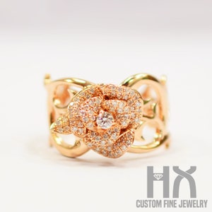 Diamond Rose Flower Ring in Solid 18K Gold/Floral Statement Ring/Custom Jewelry/Personalization Design/Gift for Women and Girls
