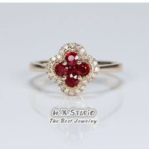 HX Jewelry | Ruby Diamond Lucky Clover Halo Ring in Solid 18k Gold/Custom Fine Jewelry/Personalization Design/Gift for Women and Girls