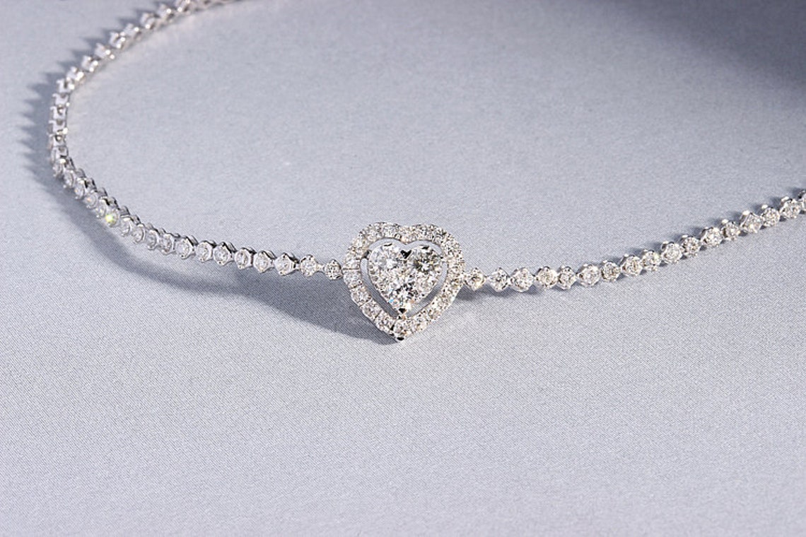 Diamond Heart Tennis Bracelet in Solid 18k Gold/Custom Fine Etsy