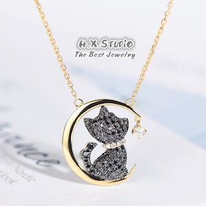Diamond Puppy Dog Pendant in Solid 18k Gold/Stars and Moon Necklace/Black Diamond/Custom Fine Jewelry/Gift for Women and Girls