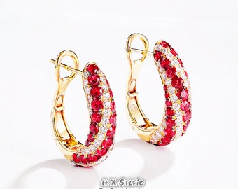 Diamond and Ruby Hoop Earrings, Solid 18k Gold, Genuine Diamond, Ruby Jewelry, Red Gemstone, Gift for Her, Customization Jewelry