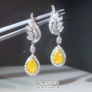 Fancy Yellow Diamond Angel Wings Dangle Drop Earrings in Solid 18k Gold/Custom Fine Jewelry/Personalization Design/Gift for Women and Girls