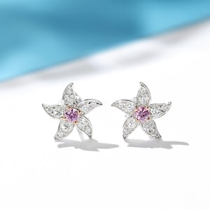 Diamond Pink Sapphire Lovely Flower Stud Earrings in Solid 18k Gold/Custom Fine Jewelry/Personalization Design/Gift for Women and Girls