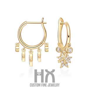 Diamond Star Charm Hoop Earrings in Solid 18k Gold, Elegant Jewelry, Gift for Women and Girls, Customization Jewelry, Gift Ideas