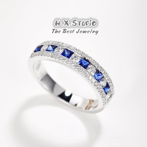 Anillo de media eternidad de diamantes y zafiros en oro macizo de 18k / anillo de bodas apilable delicado / regalo de San Valentín / joyería personalizada / regalo para ella