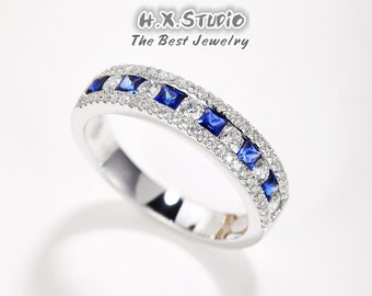 Diamond and Sapphire Half Eternity Ring in Solid 18k Gold/Dainty Stackable Wedding Ring/Valentine's Day Gift/Custom Jewelry/Gift for Her