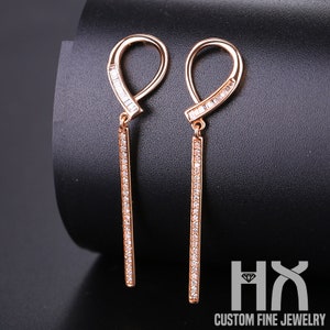 Diamond Dangle Earrings in Solid 18k Gold, Simple Line Modern Diamond Earring, Gift Idea, Gift for Her, Customization