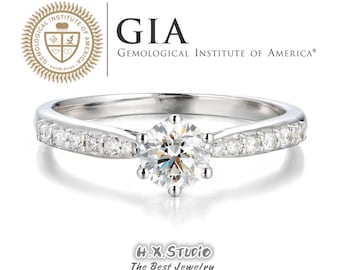 GIA Cert Round Diamond Engagement Ring, 0.3ct-1ct, Elegant Design Diamond Ring in 18k Gold, Classic Wedding Ring, Love Gift for Her