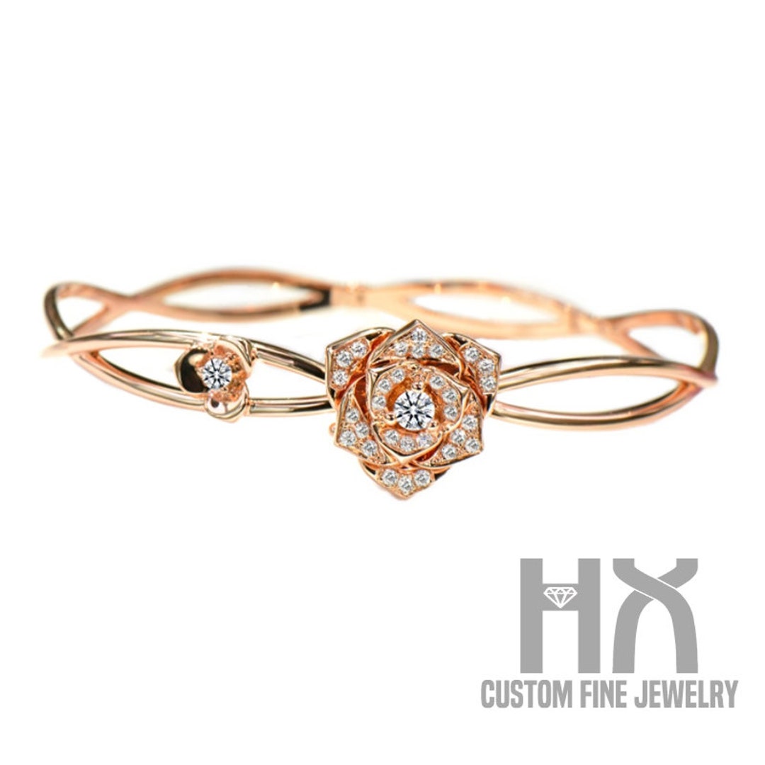Diamond Rose Flower Bangle Bracelet in Solid 18K Gold/custom Etsy