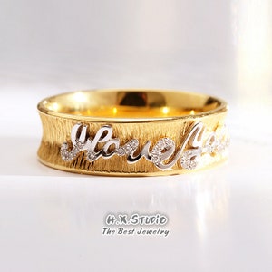 Anillo de palabras personalizado en sólido 18k 2 tonos de oro / diamante Anillo de nombre personalizado / Anillo de letras / Ordene cualquier palabra / Joyería personalizada / Diseño de personalización