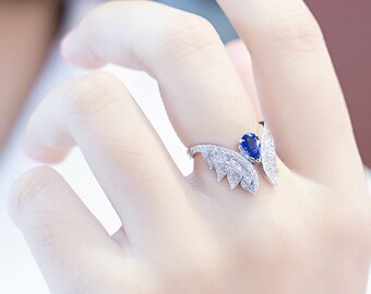 Diamond Sapphire Ring in Solid 18k Gold/angel Wings Ring
