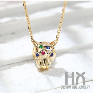 Multi-Gems and Diamond Leopard Head Pendant Necklace in Solid 18k Gold/Gems and Diamond Panther Pendant/Gift for Women and Girls