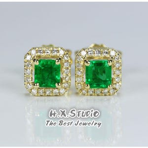 HX Jewelry | Emerald Cut Emerald and Diamond Halo Earring Studs in Solid Gold, Color Gemstone, Elegant Jewelry, Gift for Her