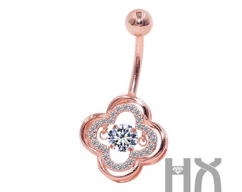 HX Jewelry | Dancing Diamond Quatrefoil Lucky Clover Belly Button in Solid 18k Gold/Navel Ring/Piercing Jewelry/Gift for Women and Girls