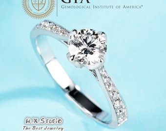 GIA Cert Round Diamond Engagement Ring, 0.3ct-1.0ct, Four Claws Solitaire Wedding Ring in Solid 18k Gold, Bridal Ring, Anniversary,Love Gift